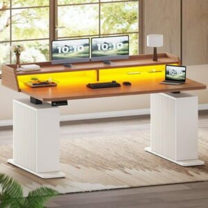 Farmhouse Standing Desk with Storage, 55" Stand Up Home Office Desk with Power Outlets & LED Lights,Fluted Design Computer Desk, Height Adjustable Table with Monitor Stand, White & Brown Top