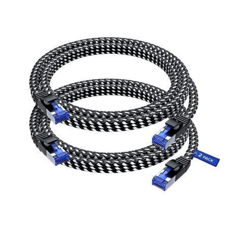 Ethernet Cable Cat 7, 6 ft, 2 Pack,Easy-Hide Flat Super-Durable Black Braided Network LAN Internet Cable/Cord, Ethernet Patch Cable