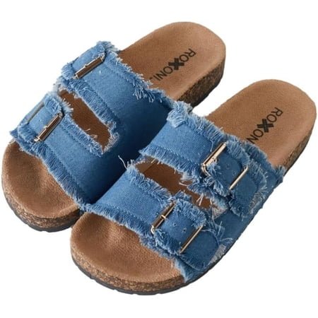 Roxoni Women's Comfort Flat Sandals Double Buckle Adjustable Straps Flat Slides Footbed Suede