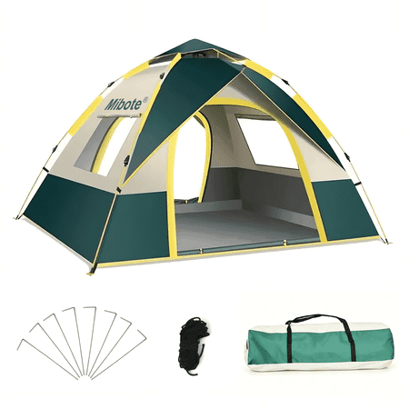 Mibote 3-4Person Camping Tent, Auto Setup Pop Up Tent, Waterproof, Huge Door & Windows for Camping, Hiking, Travel