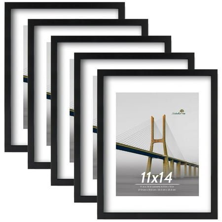Scholartree 11 x 14 5-in-1 Wood Picture Frames Set-11x14 Matted to 8x10 Wall Frames, Black