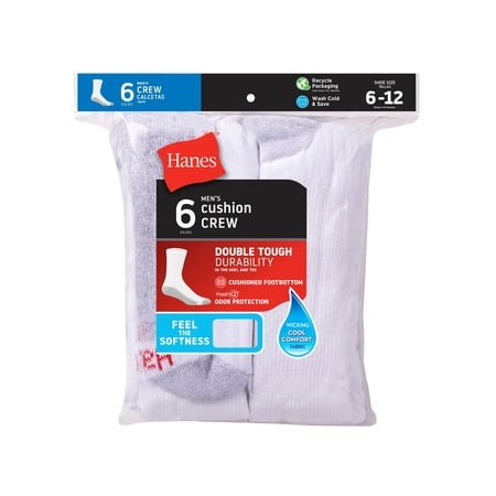 Hanes Crew Socks Mens 6 Pack Cushion FreshIQ Athletic size 6-12 Black Grey White