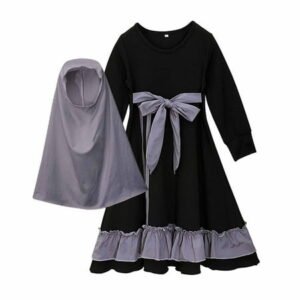 Lovskoo Toddler Girls Muslim Smocked Sundresses Twirl Dress Long-sleeved Round Neck Bow Tie Patchwork Color Long Dress+Headband Cover Two-piece Set for 2-13 Years Baby Clothes Black