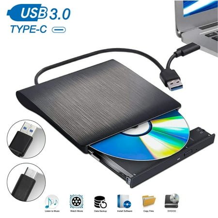 External DVD Drive, Lychee USB 3.0 Type C CD DVD Burner Player Reader Writer Compatible with PC Laptop Desktop MacBook Mac Windows Linux OS, Mac, Black