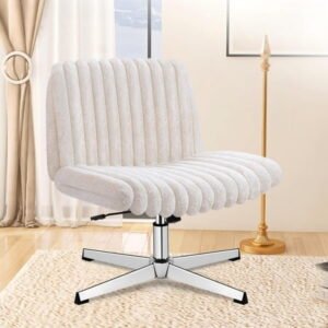 Felixking Faux Fur Office Chair, Armless Cute Desk Chair with 20° Rocking, Swivel Vanity Chair Velvet Ribbed Task Chair for Bedroom Living Room, Beige