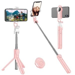 Rirool 27 in Selfie Stick Tripod with Wireless Remote, Pink Portable Phone Tripod Stand for iPhone Samsung Android, 225 Degree Head 360 Rotating Holder for Travel Vlog Photos Live Video