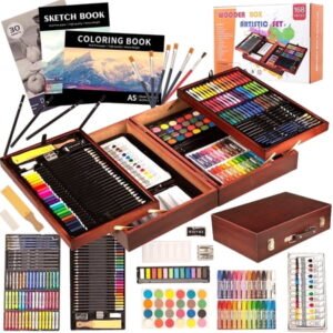 KINSPORY 168Pcs Drawing Painting Set, Deluxe Wooden Art Set Crafts Coloring Book, Sketch Pad, Gift for Artist Beginners Kids Girls Boys (Brown)
