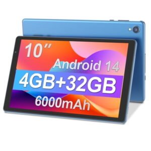 Android Tablet, 10 inch Android 14 Tablet, Quad-core CPU, RAM 4GB（2G+2G）, ROM 32GB (Up to 1TB), 800x1280 IPS, WiFi 6, 2MP+2MP, 6000mAh, Blue