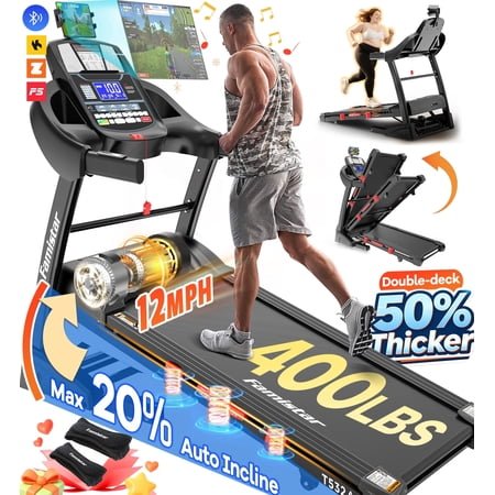 12MPH Folding Treadmill with 20% Auto Incline, 300-400 LB Capacity, Treadmills for Home Running Walking, 5.1HP Brushless Motor, Foldable Electric Treadmill Running Machine with APP & Bluetooth