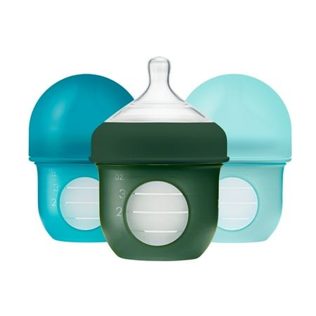 Boon Nursh Reusable Silicone Pouch Baby Bottle, Air-Free Feeding, Blue Multi Pack 4 Oz 3 Pk