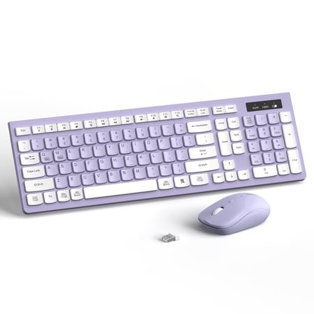 RECCAZR Wireless Keyboard and Mouse Combo , 2.4G Full Size, 12 Multimedia and Shortcut Keys, 3-Year Battery Life, for Windows, Mac OS Desktop/Laptop/PC(Purple)