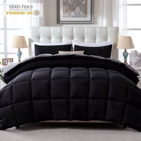 Yalamila Queen Comforter Set, 3-Piece Black/Grey Comforter Bedding Set, Reversible All Season Down Alternative with 2 Pillow Shams
