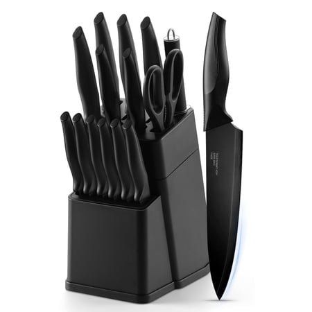 Vesteel Knife Set for Kitchen with Block, 15 Pcs High Carbon Stainless Steel Kitchen Knife Set with Self Sharpening - Black