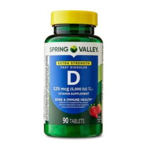 Spring Valley Extra Strength Vitamin D3, 125 mcg (5,000 IU), 90 Count, Strawberry Flavor, Dietary Supplement Fast Dissolve Tablets