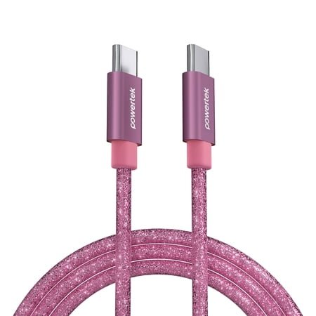 Powertek USB-C to USB-C Cable, Fast Charging Type-C Charger Cord, Durable Tangle-Resistant Sync Cable, Pink Glitter, 6FT