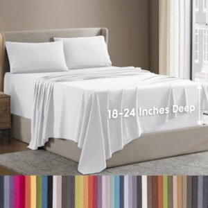 LammaLoe Extra Deep Pocket Queen Sheets Set, 4 Piece, Fits 18"-24" Mattress, Breathable & Extra Soft Bed Sheets, White