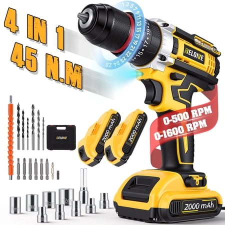 RELOIVE 21V Cordless Drill Driver,Power Drill Set with 2×2000mAh Batteries,4-in-1 Function,45N.m Max Torque,3/8" Keyless Chuck, 25+3 Position