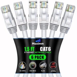 Maximm Cat 6 Ethernet Cable 1.5 ft (6-Pack) - High-Speed LAN Cable, Internet Cable, Patch Cable, and Network Cable - UTP, 10Gbps, 550MHz Ethernet Cord - White