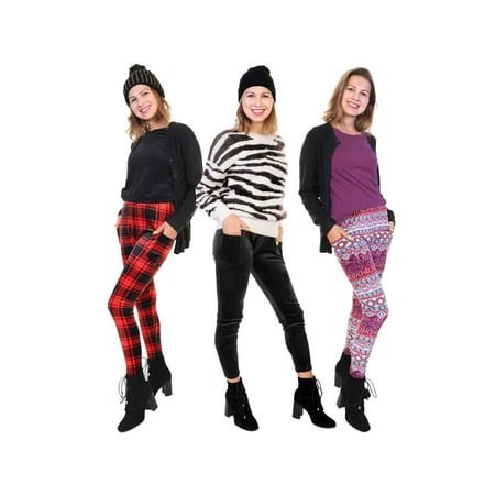 Angelina Women's Velvet Patterned Leggings with Pockets (3-Pack)