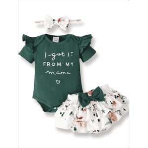 PatPat 3pcs Baby Girl 95% Cotton Short-Sleeve Letter Print Romper & Floral Print Layered Ruffled Shorts & Headband Set,0-18 Month