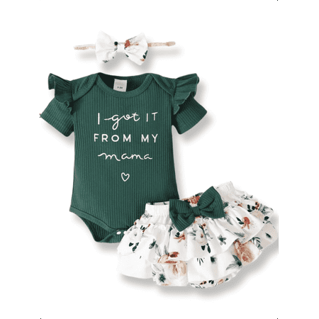 PatPat 3pcs Baby Girl 95% Cotton Short-Sleeve Letter Print Romper & Floral Print Layered Ruffled Shorts & Headband Set,0-18 Month