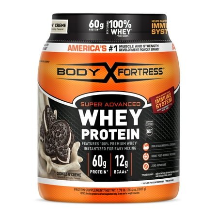 Body Fortress Super Advanced 100% Premium Whey Protein Powder, Cookies N' Creme, 60g Protein, Immune Support , Vitamins C & D Plus Zinc, 1.78 lbs