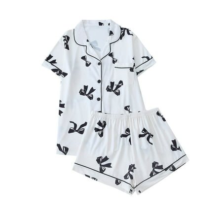 Fengactive Cute Bow Pajamas Sets for Women 2 Piece Button Up Short Sleeve Nightwear Lounge Sleepwear