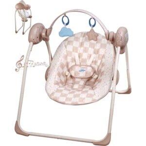 Tiny Marvels Baby Swing for Infants, Portable Infant Swing with 5 Swing Speeds, Soothing Music, Removable Toy Bar, Foldable Design, 5-Point Harness, Newborn to 9 Months, 6-20 lbs(Sand Checker)