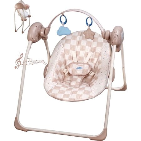 Tiny Marvels Baby Swing for Infants, Portable Infant Swing with 5 Swing Speeds, Soothing Music, Removable Toy Bar, Foldable Design, 5-Point Harness, Newborn to 9 Months, 6-20 lbs(Sand Checker)