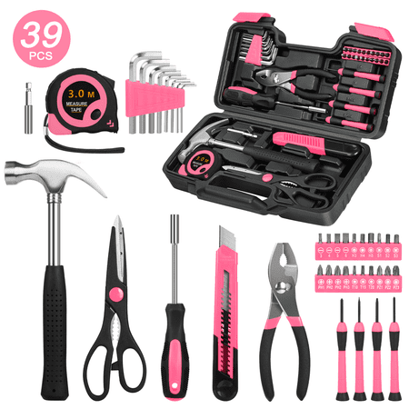 Cshidworld 39-Piece Tool Set General Household Hand Kit with Plastic Toolbox Storage Case, Basic Home Tool Kit for Girls Ladies and Women - Includes Essential Tools for Home Garage and Office, Pink