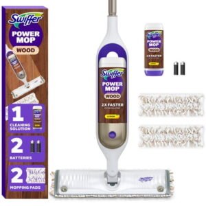 Swiffer Power Mop Wood Kit with Refill, Unscented, 1 handle + 1 solution & 2 Pads