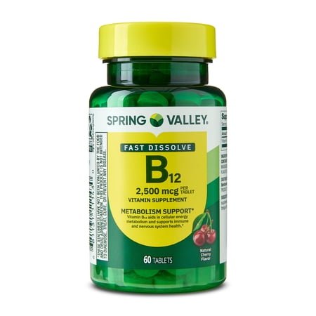 Spring Valley Vitamin B12 Quick-Dissolve Tablets Dietary Supplement, 2,500 Mcg, Cherry, 60 Count