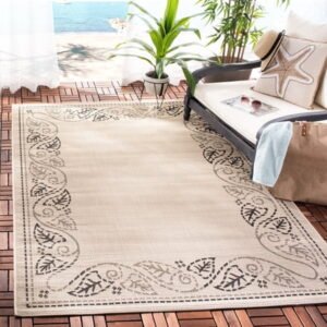 SAFAVIEH Courtyard Eliza Botanical Indoor/Outdoor Area Rug, Sand/Black, 5'3" x 7'7"