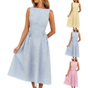 Snorda Women's Striped Dress, Summer Round Neck Sleeveless Striped Solid Color Casual Dress Flowy Sundress Ideal for Daily Wear, Beach Vacation & Party