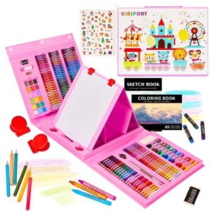KINSPORY 290 Pack Drawing Coloring Art Set with Double-Side Trifold Art Easel, Creative Supplies Gift for Artists Beginners Kids Boys Girls (Pink)