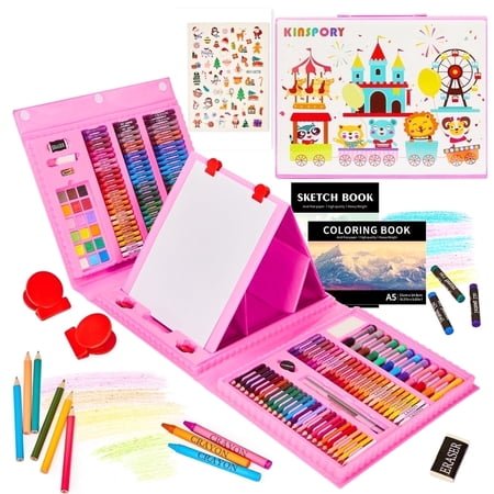 KINSPORY 290 Pack Drawing Coloring Art Set with Double-Side Trifold Art Easel, Creative Supplies Gift for Artists Beginners Kids Boys Girls (Pink)