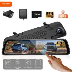 WolfBox Mirror Dash Cam, 12" 4K Rear View Mirror Dashcam with Full Touch Screen, Wifi & GPS, WDR, Super Night Vision, Free 32GB Card