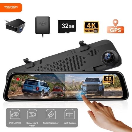 WolfBox Mirror Dash Cam, 12" 4K Rear View Mirror Dashcam with Full Touch Screen, Wifi & GPS, WDR, Super Night Vision, Free 32GB Card
