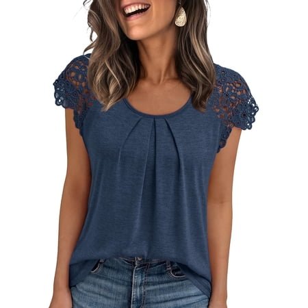 SUNBS Blouses for Women Lace Tops Pleated Short Sleeve Shirts Summer Business Casual Dressy Clothes
