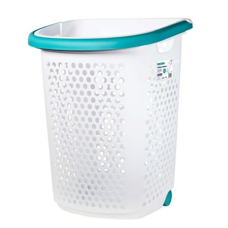 Home Logic 2 Bushel Rolling Plastic Laundry Hamper with Pop-up Handle, White, Adult
