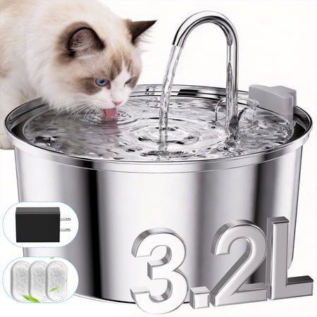 FWMB 108oz/3.2L Stainless Steel Cat Water Fountain with 3 Filters, Dishwasher Safe Automatic Pet Fountain for Dogs & Cats, Ultra-Quiet Pet Water Fountain for Multi-Pet Homes, Cat Fountains Indoor