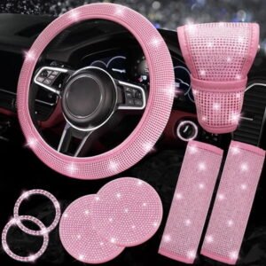 Chasenew 8 Pcs Bling Car Accessories Set for Women, Steering Wheel Cover, Sparkly Seat Belt Covers, Bling Gear Shift Cover, Universal Fit Most Cars (All Pink Diamond)