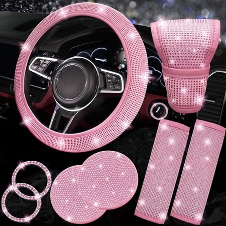 Chasenew 8 Pcs Bling Car Accessories Set for Women, Steering Wheel Cover, Sparkly Seat Belt Covers, Bling Gear Shift Cover, Universal Fit Most Cars (All Pink Diamond)