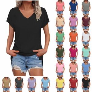 Rciityk V Neck T Shirts for Women Summer Tops Short Sleeve Shirts Solid Color Casual Loose Classic-Fits Slit Raglan Sleeve T-shirts