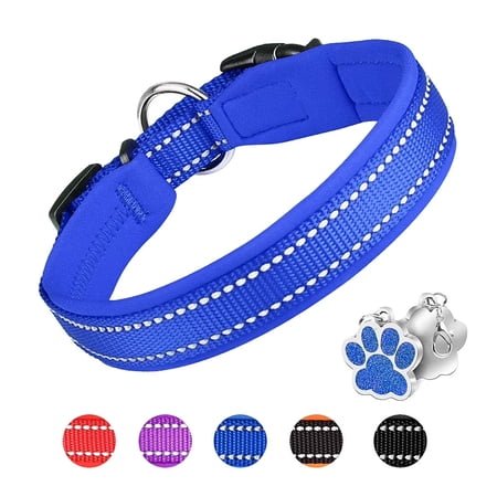 MASBRILL Dog Collar with Dog tag Reflective Soft Neoprene Padded Breathable and Adjustable, Odour Resistant and Fast Drying-Blue-M