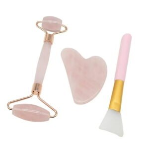 Fridja Pink Crystal Roller Jade Massager Pink Crystal Heart-Shaped Gua Sha Mask Brush