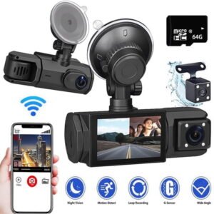 TIKBBRMG Dash Cam Front and Rear,Triple Camera,1080P Full HD Dashcam for Cars Backup Camera,Included 64GB Card,Built-in Wi-Fi GPS,2” IPS Screen, Night Vision, 140°Wide Angle,WDR, 24H Parking Mode