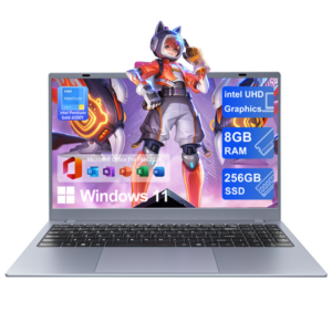 RNRUO 15.6" Windows 11 Laptop, 8GB RAM 256GB SSD, FHD Display, Office 2024 Included, Lightweight Laptop with Numeric Keypad for Work & School, Silver