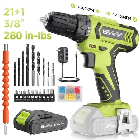 20V MAX Cordless Drill Set with Battery & Charger, 280 in-lbs Power Drill Kit, 2-Speed (0-1400 RPM), 21+1 Torque, 3/8" Keyless Chuck, 30pc Drill/Driver Bits, LED Light for Wood/Metal/Concrete(Green)