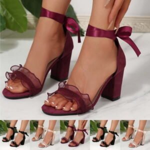 Miluxas Women's Bow Tie Heeled Sandals Chunky Heels One Strap Ankle Buckle Dress Wedding Shoes Wine 10(41)